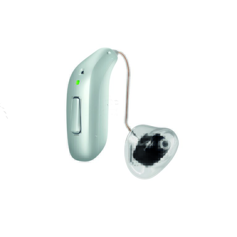 Specsavers_91_A1_miniRITE_RC_H1-2024_Left_C044PearlySilver_LEDgreen_SpeakerTube105_MicroShell_C006Transparent_500pctSize_TIF