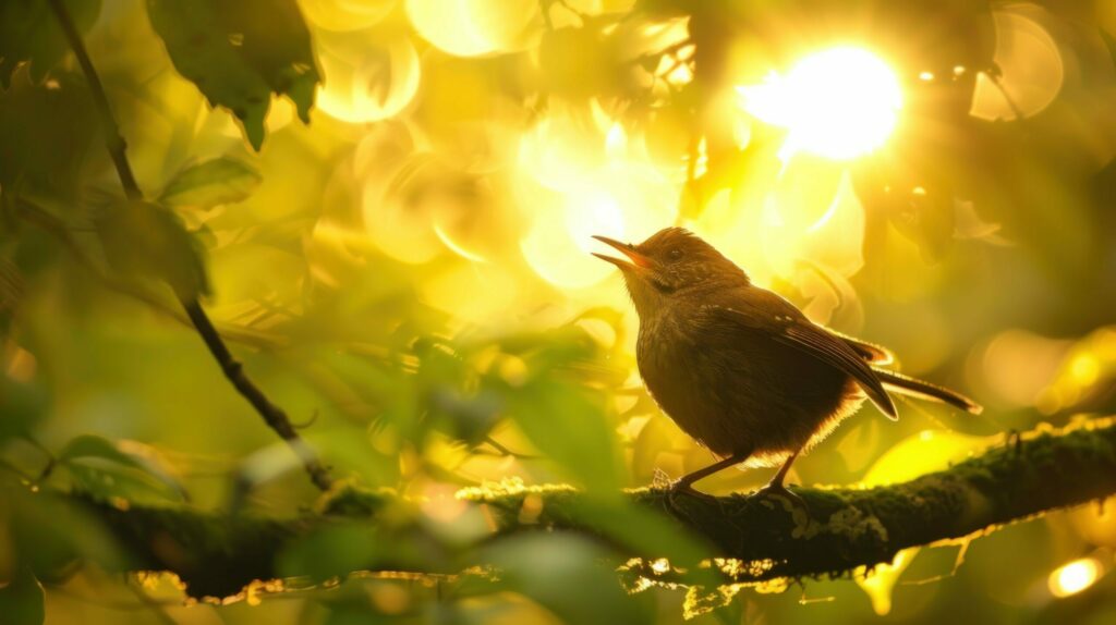 Singender Vogel im goldenen Sonnenlicht.